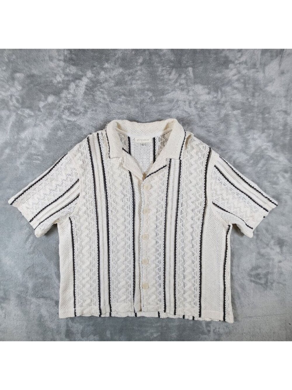 Morse Code Open Crochet Button Shirt Large Striped Nautical Preppy Coastal Airy